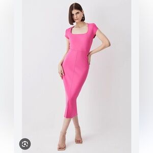 Karen Millen Pink Square Neck Military Trim Ponte Pencil Midaxi Dress